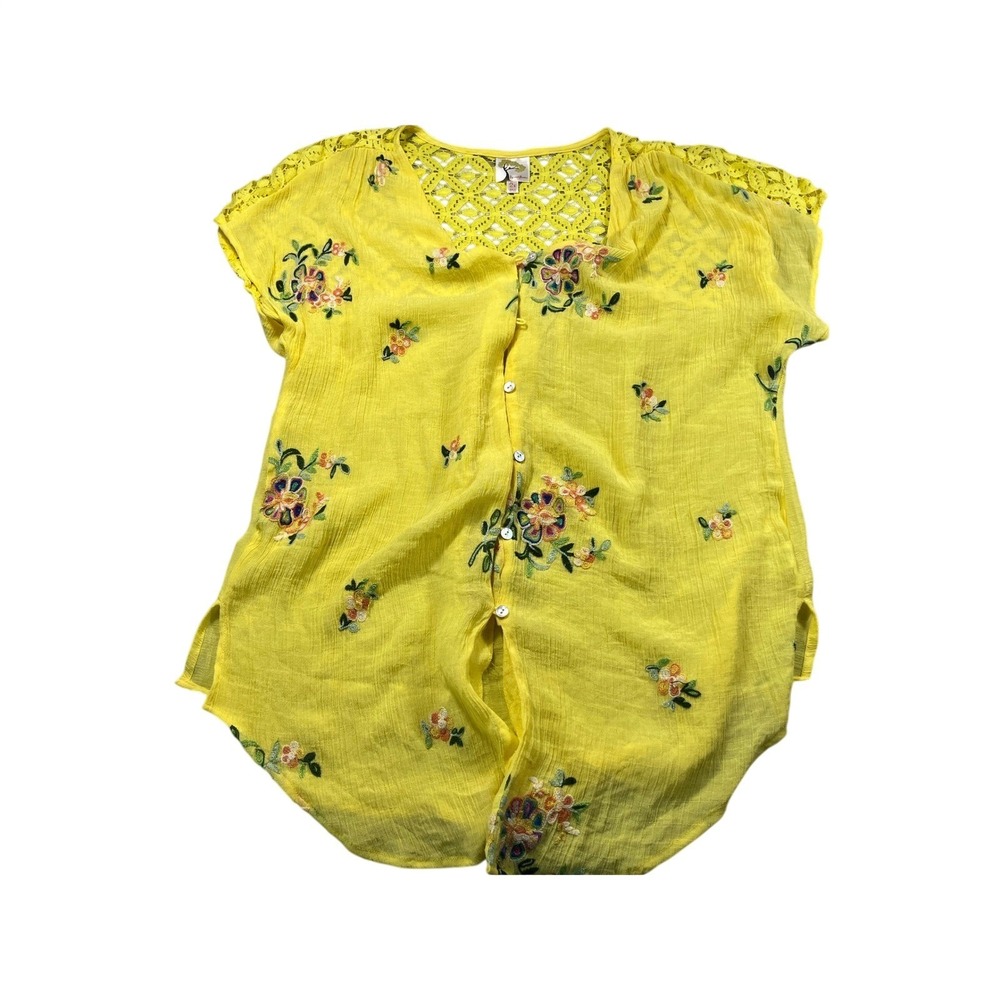 Fig & Flower Anthropologie 2X Yellow Embroidered Boho Blouse Crochet Lace Plus